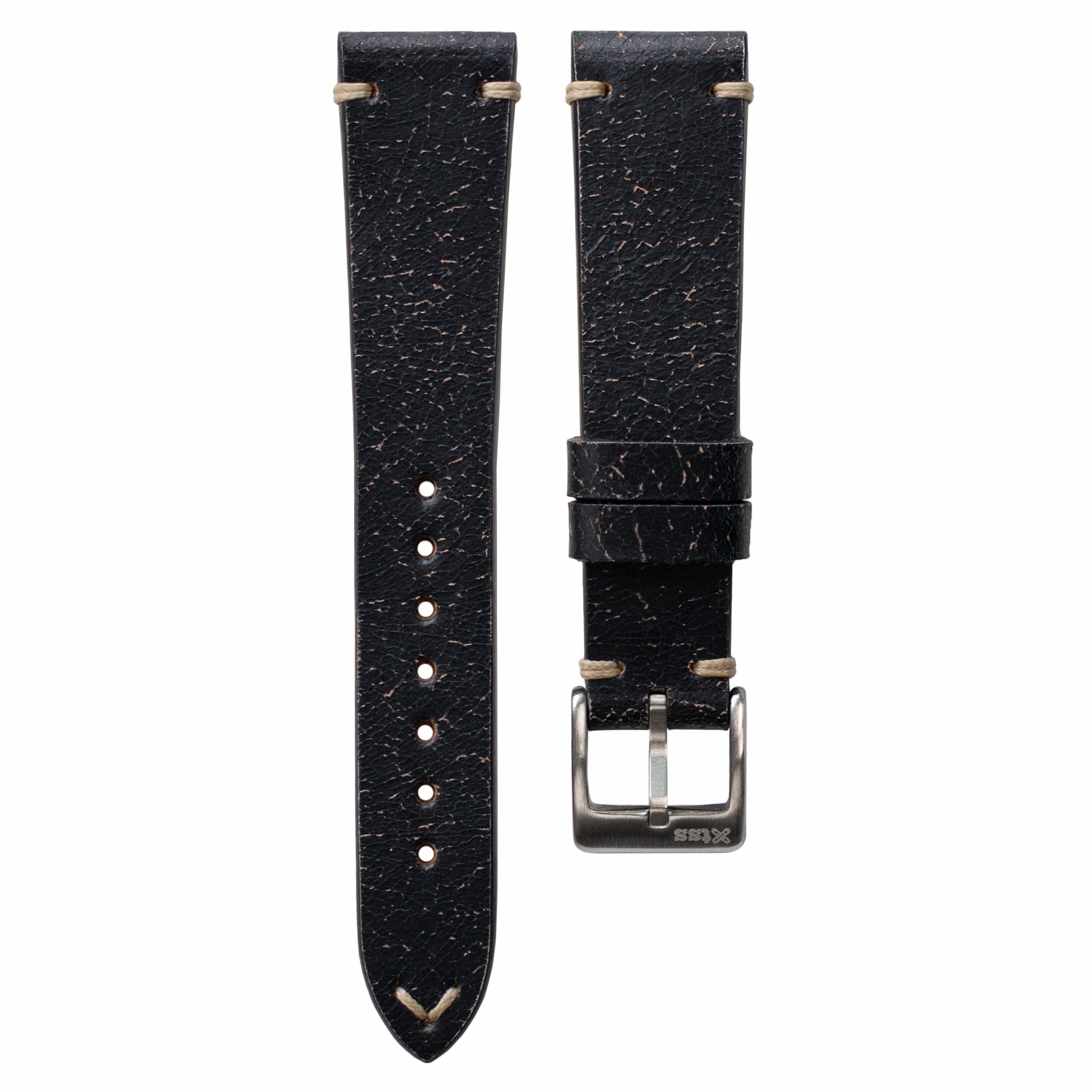 Two-Stitch Vintage Black Leather Watch Strap